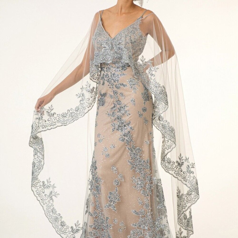 GLS Silver Glitter Embellished Mesh Floral Dress Detachable Cape